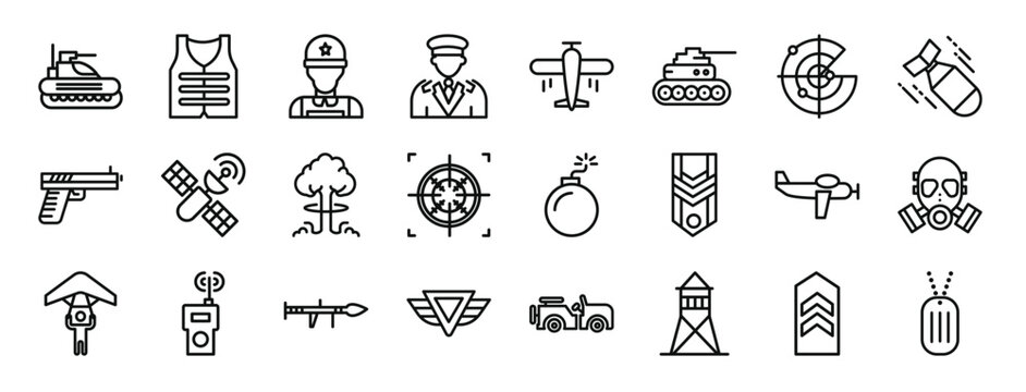 set of 24 outline web military icons such as tank, bullet proof vest, soldier, general, airplane, tank, radar vector icons for report, presentation, diagram, web design, mobile app