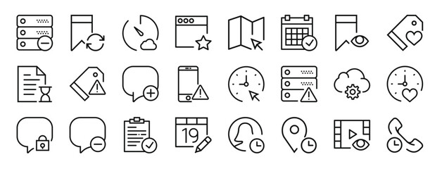 set of 24 outline web interaction set icons such as server, bookmark, stopwatch, browser, map, calendar, bookmark vector icons for report, presentation, diagram, web design, mobile app