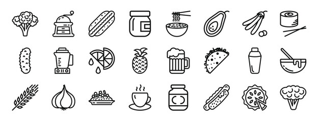 set of 24 outline web gastronomy collection icons such as broccoli, grinder, hot dog, butter, noodles, avocado, peas vector icons for report, presentation, diagram, web design, mobile app