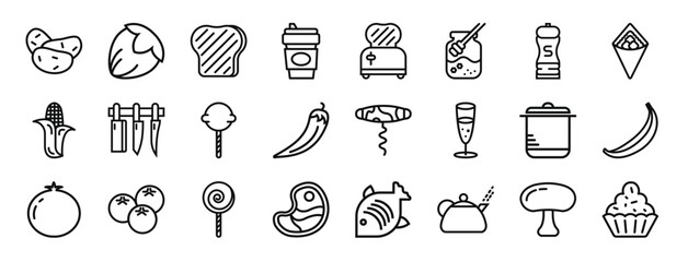 set of 24 outline web gastronomy collection icons such as potatoes, hazelnut, toast, coffee, toaster, honey, salt vector icons for report, presentation, diagram, web design, mobile app