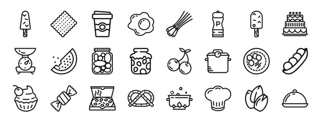 set of 24 outline web gastronomy collection icons such as ice cream, biscuit, coffee, egg, chives, pepper, ice cream vector icons for report, presentation, diagram, web design, mobile app