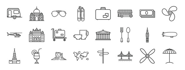 set of 24 outline web travelling icons such as trailer for travelling, taj mahal, aviator sunglasses, two aqualung, suitcase with two stickers, double decker bus, stack of bills vector icons for