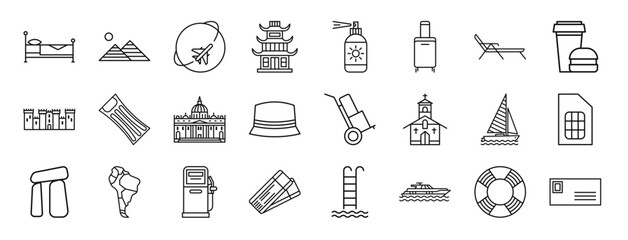 set of 24 outline web travelling icons such as bed left side view, egypt pyramids, international flights, chinese temple, sun ointment, suitcase with wheels, deck chair vector icons for report,