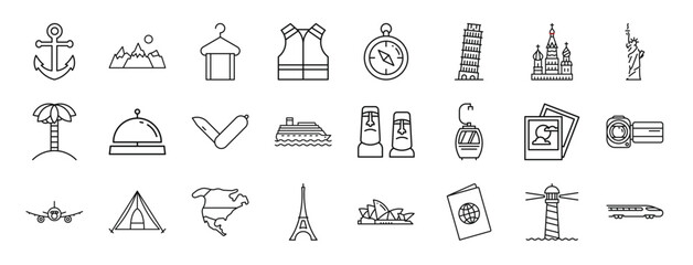 set of 24 outline web travelling icons such as big anchor, mountains with moon, towel on hanger, reflector vest, compass pointing, leaning tower of pisa, saint basils cathedral vector icons for