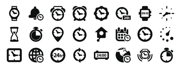 set of 24 outline web watches icons such as wristwatch, alarm, alarm clock of circular shape, alarm clock of circular shape, watch, hours clock, watch with hour and minutes numbers vector icons for