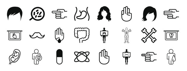 set of 24 outline web body parts icons such as male black short hair shape, body cells under a magnification tool, hand gesture, liver organ inside the abdomen, long wavy hair variant, hunger games
