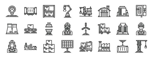 set of 24 outline web industrial process icons such as gauge, container, stock, industrial robot, oil platform, warehouse, tank vector icons for report, presentation, diagram, web design, mobile app