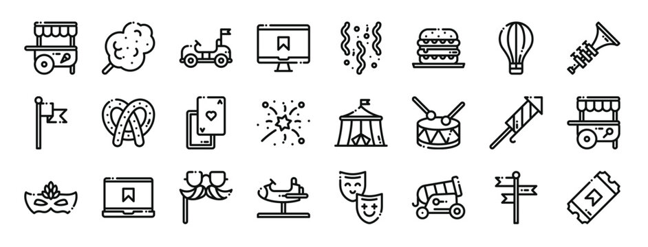 set of 24 outline web fair icons such as stand, cotton candy, car, monitor, confetti, burger, hot air balloon vector icons for report, presentation, diagram, web design, mobile app