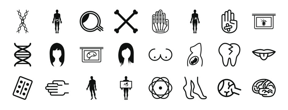 set of 24 outline web body parts icons such as dna strands, human body, observing human body details with a magnifier tool, bones, hand nadis, stoh inside human hand showing palm vector icons for