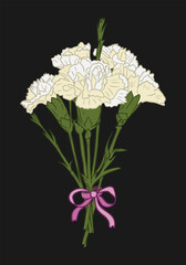 Vector white carnation bouquet with purple ribbon on black background. Dark theme. Isolated vibrant floral composition. Ideal for greeting card, invitation, banner, social media graphics