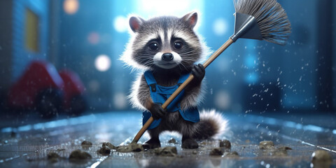 Cheerful Raccoon Cleaning the Apartment with a Small Broom AI generated - obrazy, fototapety, plakaty