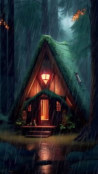 Mysterious cabin in the woods. Rain falling and lantern glowing at nighttime. Vertical video. Cozy, meditation rest, deep sleep relax concentration study atmosphere.