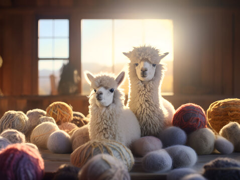 Alpacas, balls of yarn, balls of wool, colorful yarn, farm, fields, nature, alpaca farm, production of wool, fluffy, knitting, fabric, product from animals, agriculture, south american, mexican, 