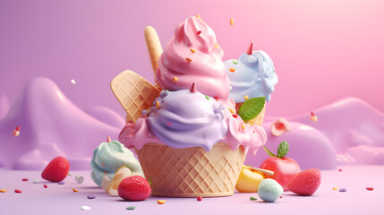 3d illustration of ice cream  isolated on pastel 