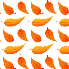Pattern of autumn leaves.  Autumn plant elements for printing on fabric, textile, paper, wallpaper. Yellow, orange, red leaves.  Background for design of greeting cards. Gradient. Vector illustration