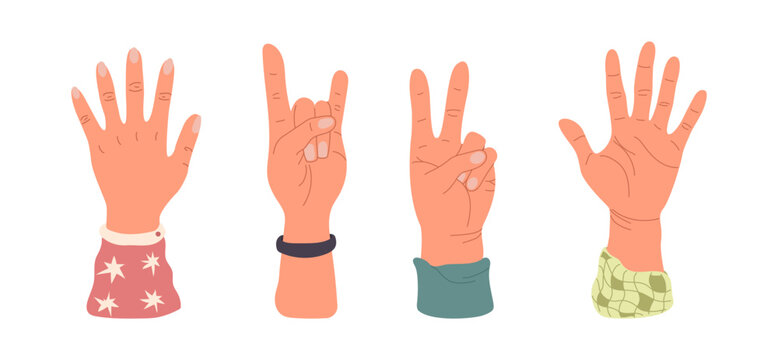 Hands raised up. Hand gesture. Fingers of hands how victory symbol. Spread fingers, inside of palm. Human arms with accessories. Colored flat vector illustration isolated on white background