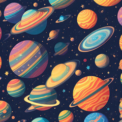 Hand drawn space elements seamless pattern. Space background. Space doodle illustration. Vector illustration. Seamless pattern with cartoon space rockets, planets, stars, slogans.
