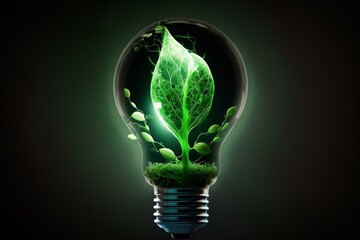 Organic growth concept with a green light bulb shape, powered with technology for renewable energy use. Generative AI
