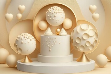Cream podium with golden balls and hearts for weddings, anniversaries, and cosmetics presentations. Generative AI