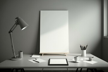 Blank canvas in a gray and white workplace. Generative AI