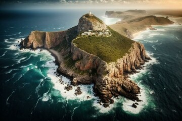 Bird's eye view of Cape Point and Cape of Good Hope, located in Western Cape, South Africa's Cape Town. Generative AI