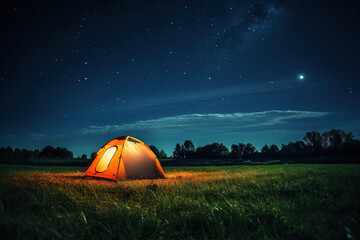 A large camping tent is lit up in a meadow at night.