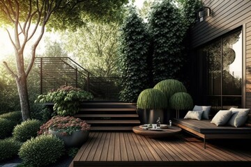 Outdoor space with wooden deck. Generative AI