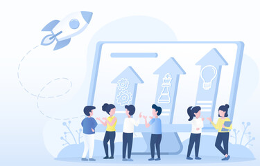 Business start up concept. Business people meeting and discussion business startup, growth opportunity, management strategy, tactical plan. Flat vector design illustration.