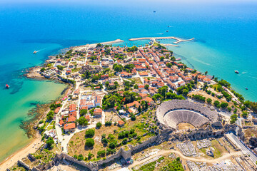 Aerial top drone view of ancient Side town with amphitheater, Antalya Province in Turkey