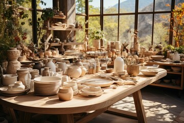 The workplace of ceramist. A creative workshop. Interior of a modern pottery workshop in light colors