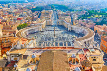 Famous Saint Peter's Square in Vatican and aerial view of the Rome city during sunny day. - obrazy, fototapety, plakaty