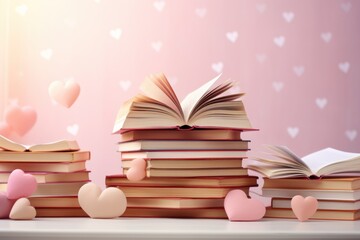 Love story book with open page of literature in heart shape. AI generated