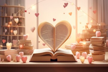 Love story book with open page of literature in heart shape. AI generated
