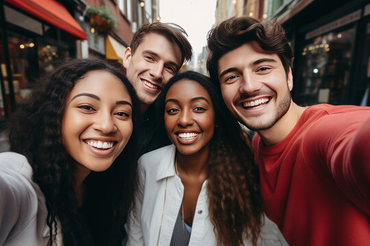 Multicultural best friends having fun taking group selfie portrait outside. AI generated