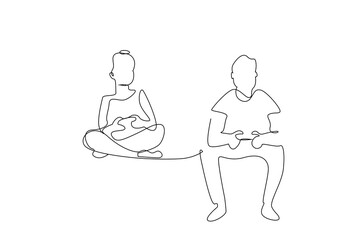 two young couples playing video game console together at home lifestyle line art