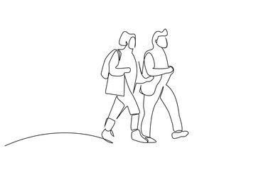 old mature couple with backpacks hiking together outdoors in nature line art