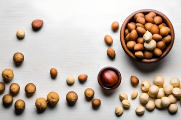 Flat Lay of Hazelnuts, Cashews, and Almonds on a White Background