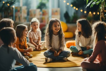 Group therapy kids talking sitting in the circle.