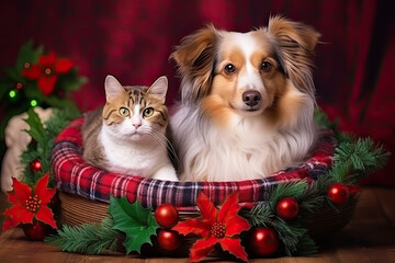 Christmas scene of a dog and cat together in a basket 