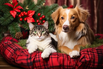 Christmas scene of a dog and cat together in a basket 