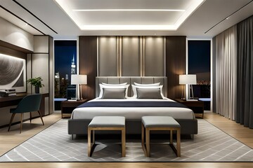 Fototapeta premium Modern hotel bedroom design, Double bed