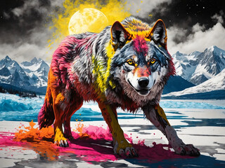 a wolf in a colorful splash art