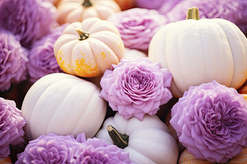 A stack of violet and white pumpkins at a farmers' market.