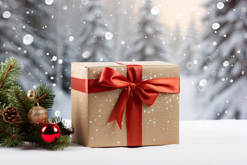 Fototapeta na wymiar Christmas gift box, Christmas present with bokeh on the background 