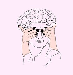 Statue with hands that closes eyes. Pink background 