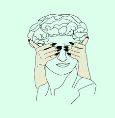 Statue with hands that closes eyes. Green background 