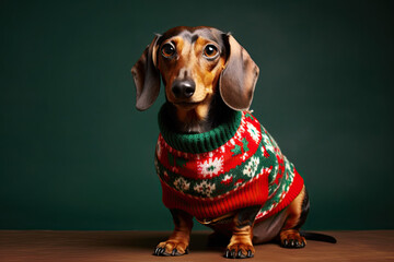 Dachshund  wearing a Christmas sweater or outfit. 