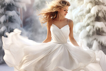 Fototapeta na wymiar Girl dressed in a white satin gown, dancing in a snowy setting 