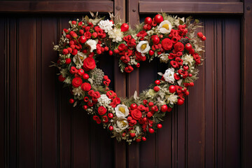 Fototapeta na wymiar Christmas wreath in the shape of a heart, wreath on the front door 