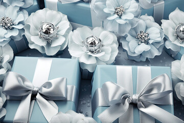 Blue gift boxes with gold bow, festive background